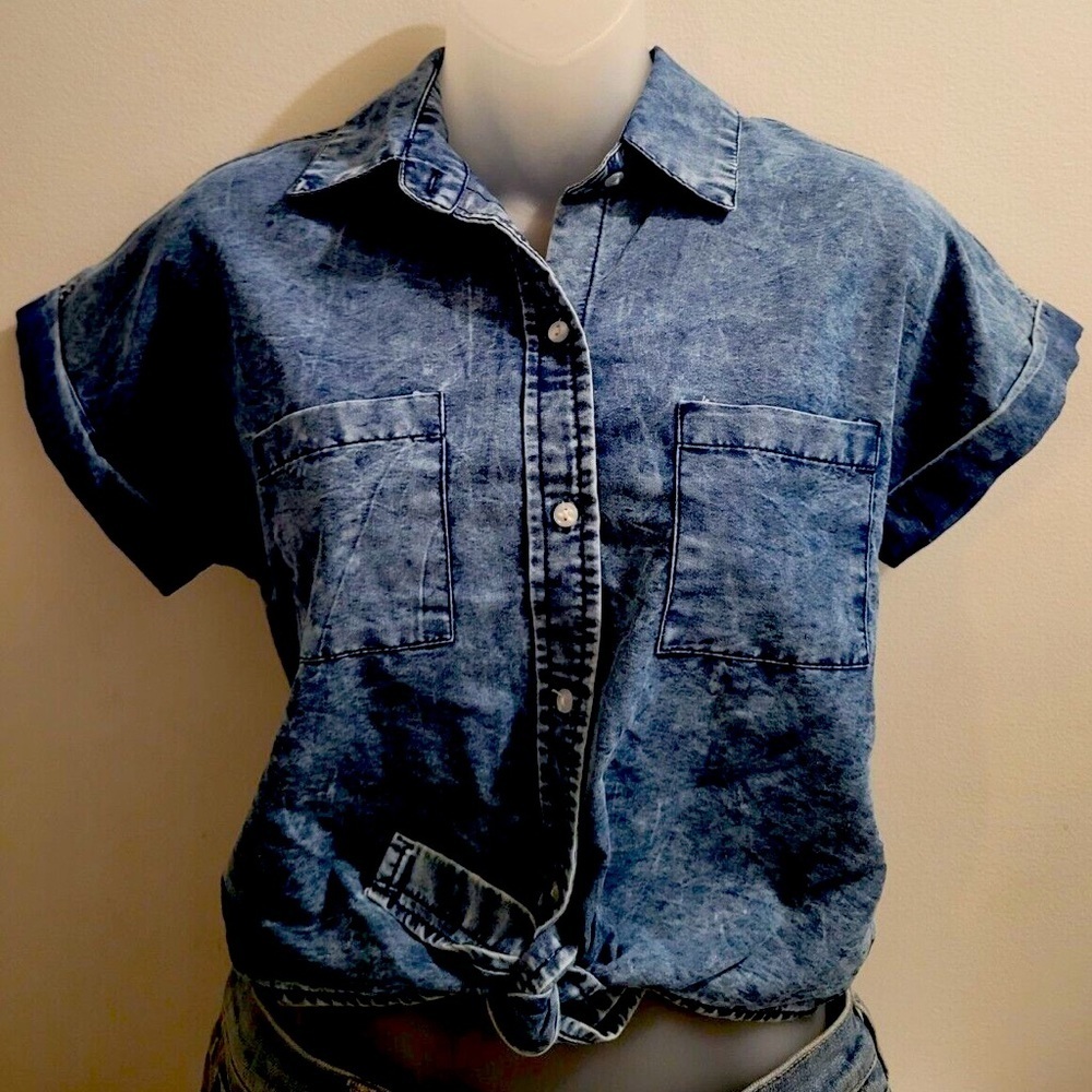Sim & Sam Denim Button Front Short Sleeve Tie up Top blue Sz XL Fits (M/L)